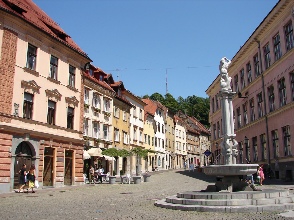 Old Town square and Hercules Fountain in Ljubljana