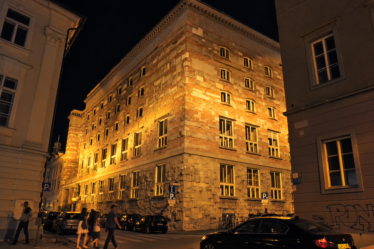 Plečnik’s National and University Library in Ljubljana illuminated at night