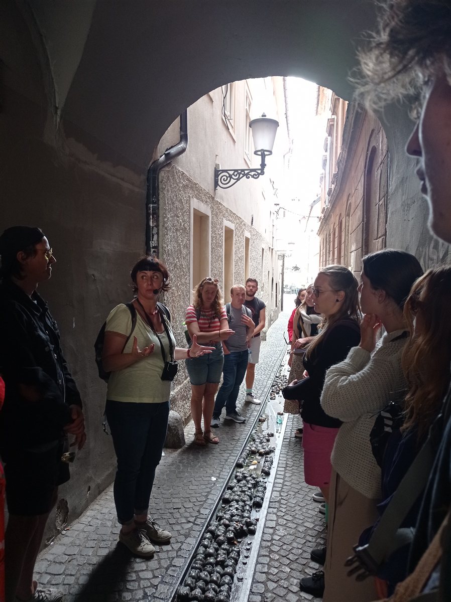 Guide Helena sharing stories with a tour group in a Ljubljana Old Town alley